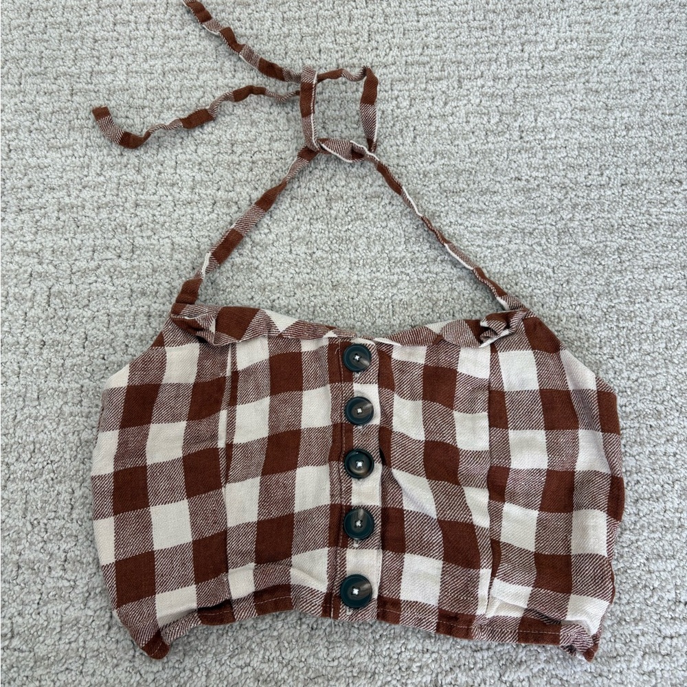 Reformation - Brown Gingham Halter Crop Top - Size 2